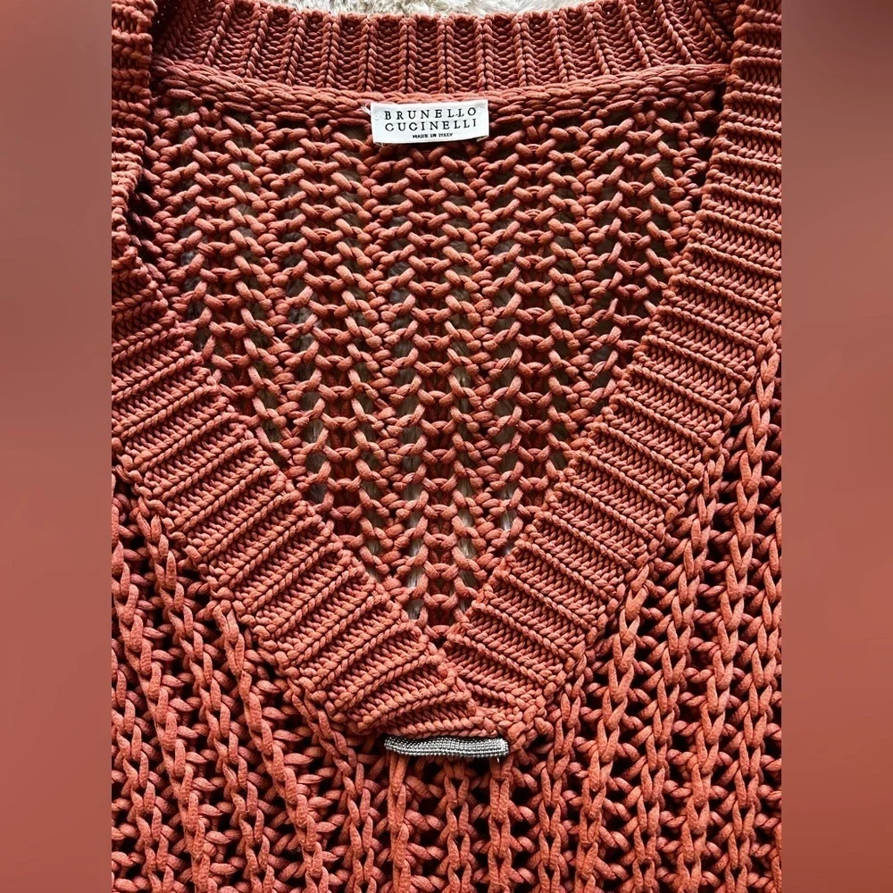Brunello Cucinelli Woven Terracotta Sunset Handknit Sweater Size Small - Picture 3 of 9